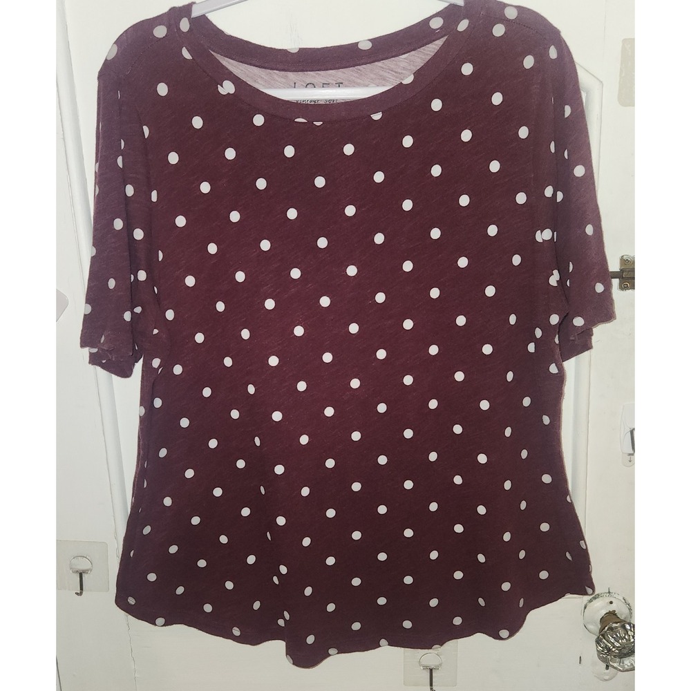 LOFT Vintage Soft Womens XL Top T-Shirt Maroon Burgundy Polka Dot Short Sleeve